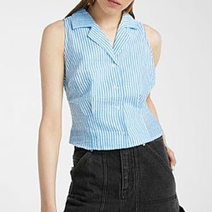 Blue boho sleeveless stripe waffled fitted shirt NWT